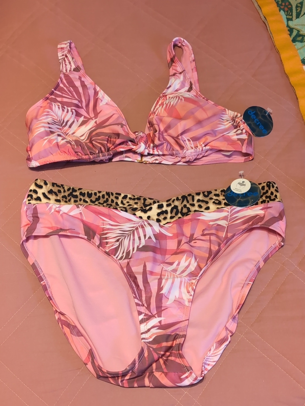 Women’s Pink Tropical Print Bikini Set with Leopard Trim XL